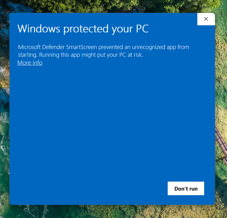 Windows protected your PC screen with the More info link